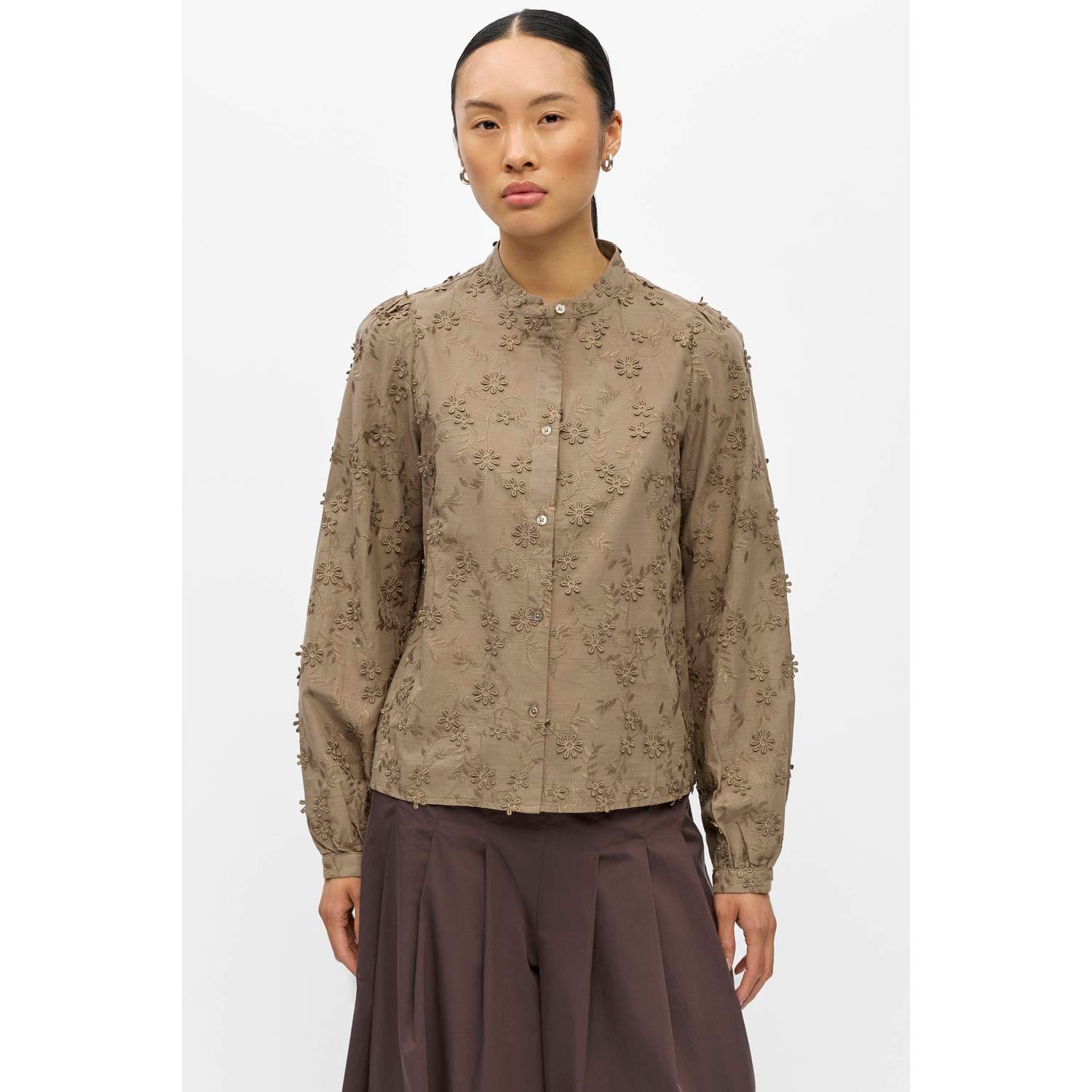 OBJECT blouse met borduursels en print beige