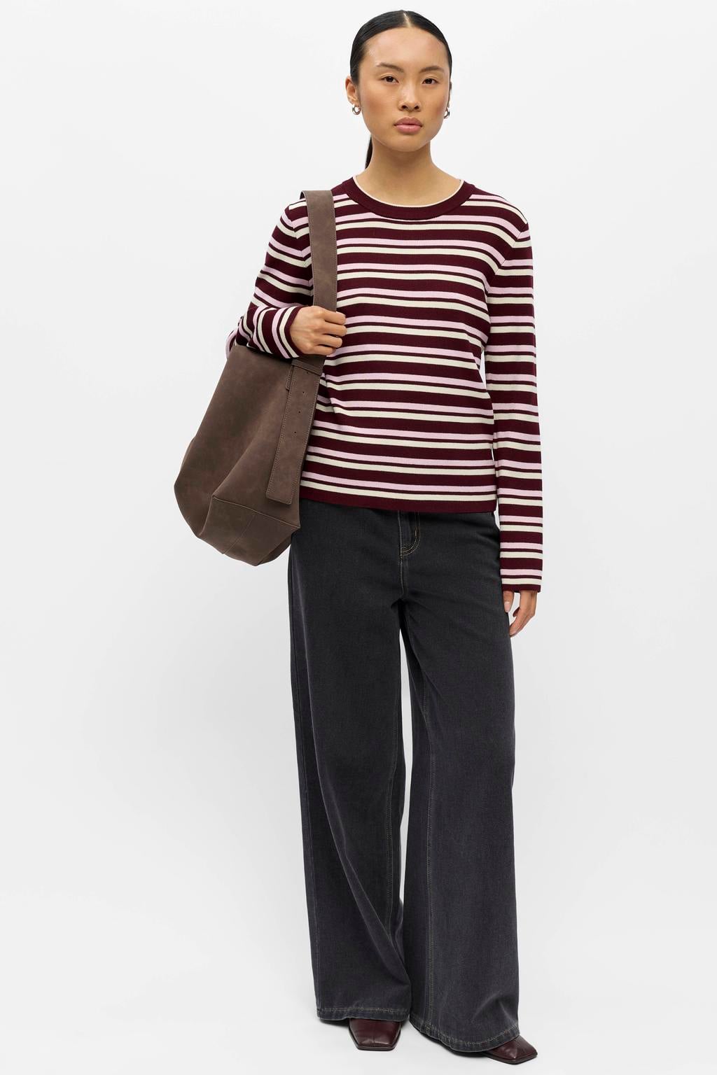 Donkerrood en multikleurige dames OBJECT gebreide gestreepte pullover meerkleurig van viscose met lange mouwen en ronde hals