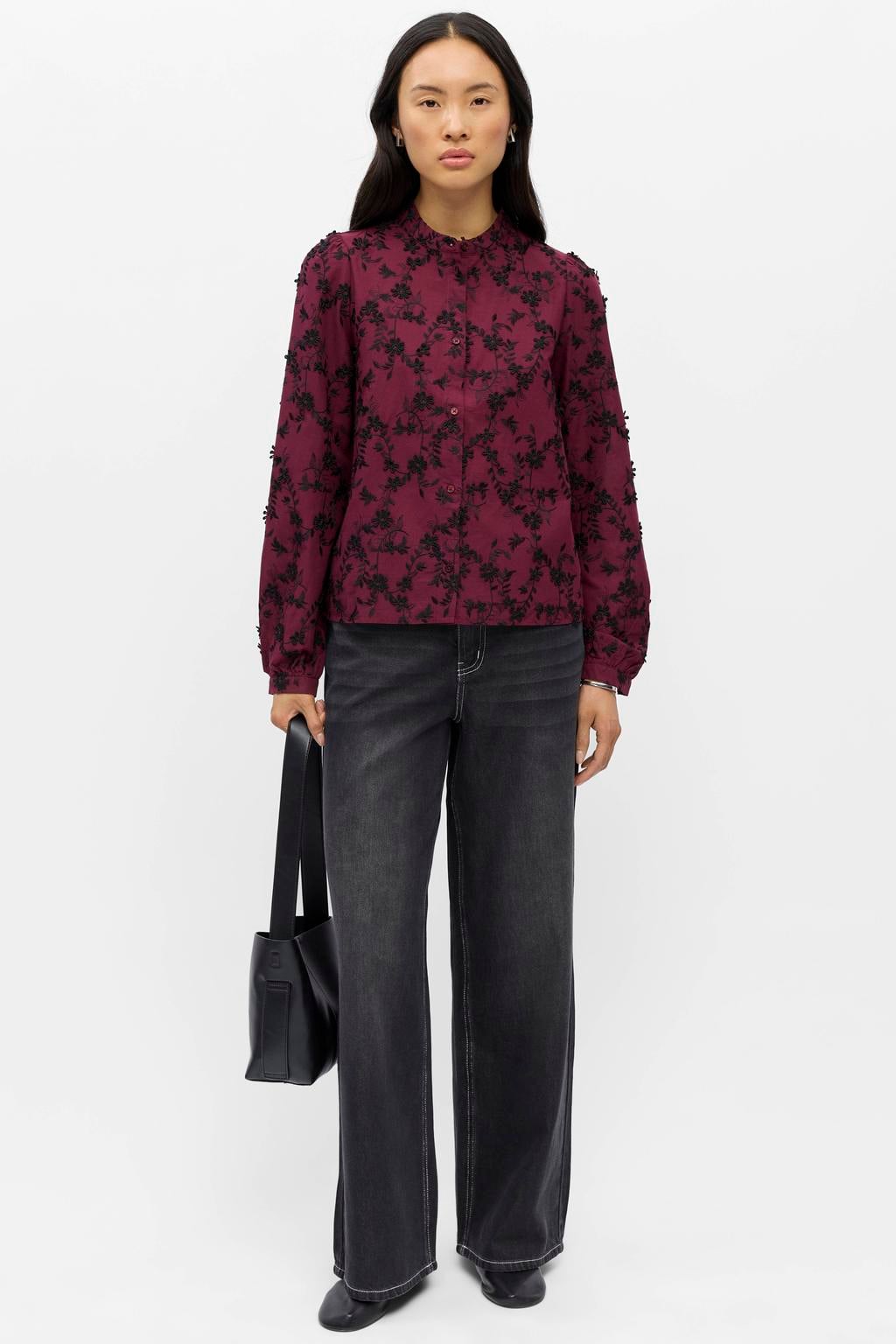 Donkerrode dames OBJECT blouse en print met lange mouwen, opstaande kraag, knoopsluiting en borduursels