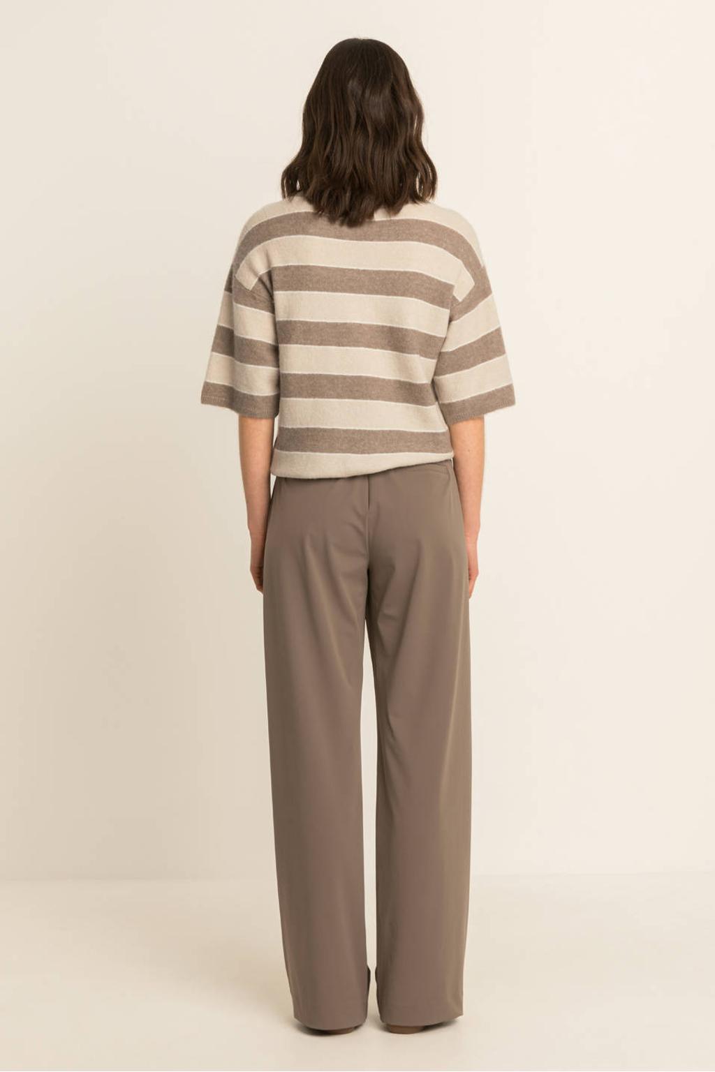 Bruin, beige en ecru dames Expresso gebreide gestreepte trui van polyamide met driekwart mouwen en ronde hals