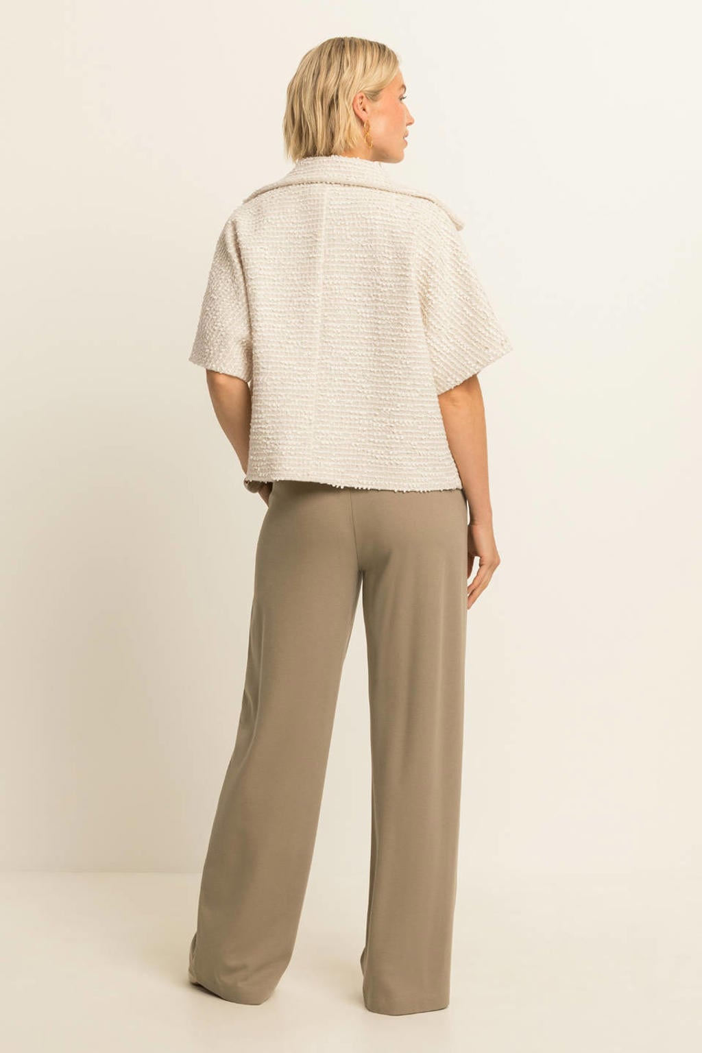Beige dames Expresso bouclé jas met effen, korte mouwen en reverskraag