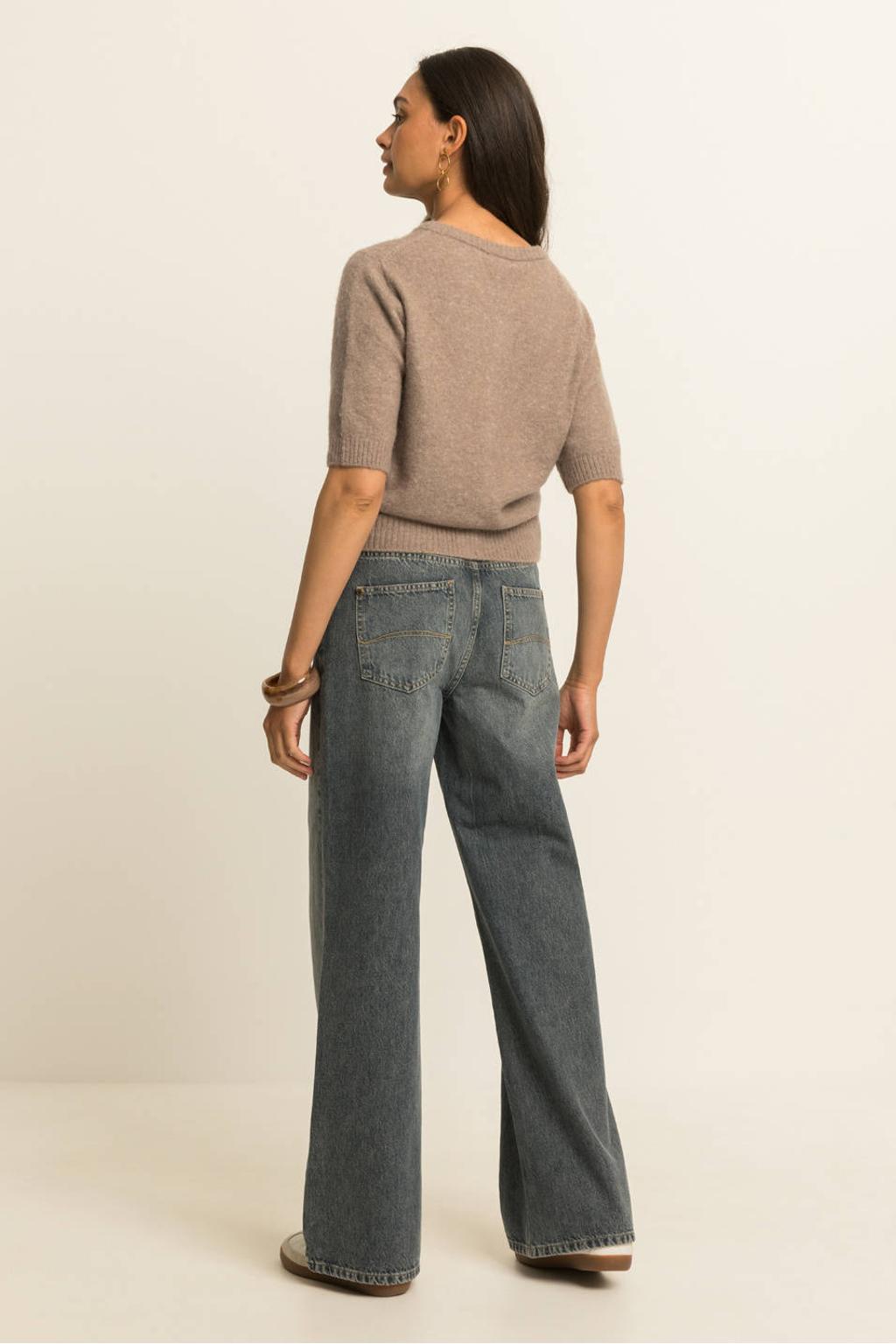 Beige dames Expresso gebreid vest van polyamide met effen, korte mouwen, ronde hals en knoopsluiting