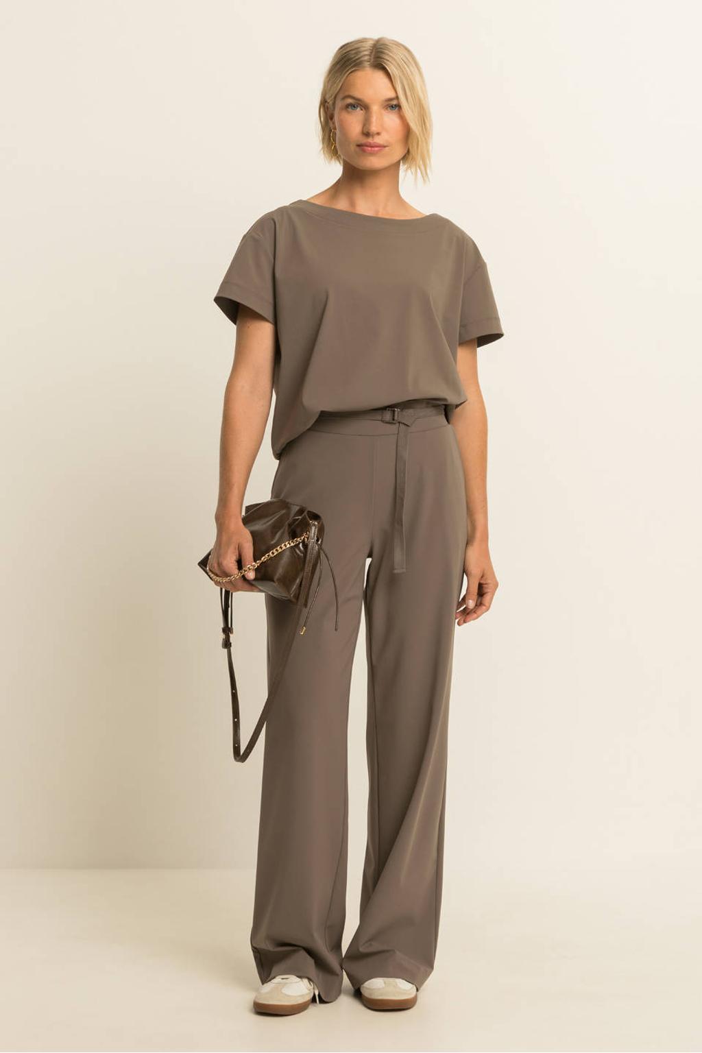 Lichtbruine dames Expresso travelstof wide leg broek met high waist en effen