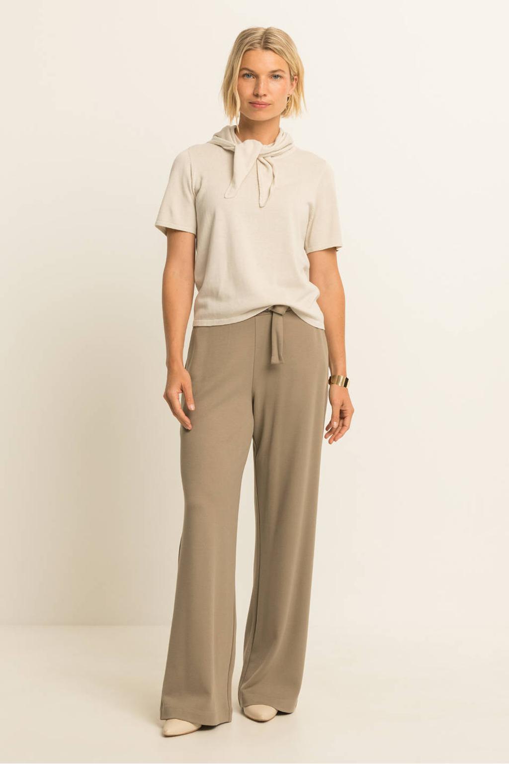 Taupe dames Expresso flared broek van polyamide met high waist, elastische tailleband en effen