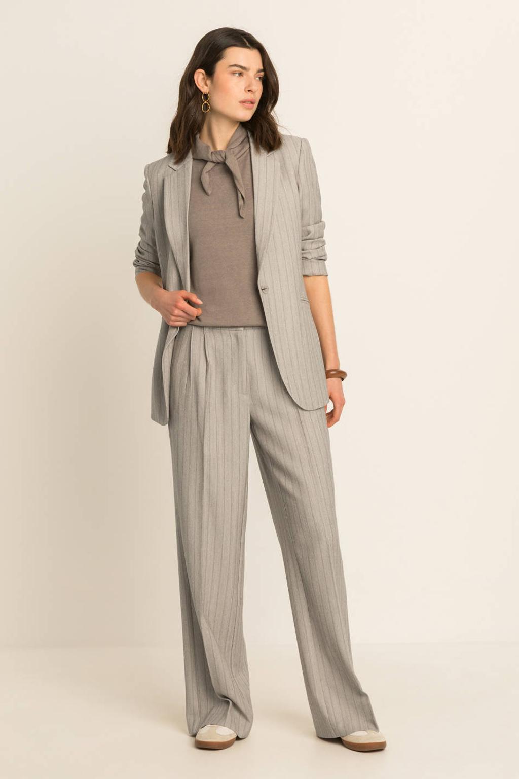 Grijze dames Expresso wide leg broek met rits- en haaksluiting en krijtstreepprint