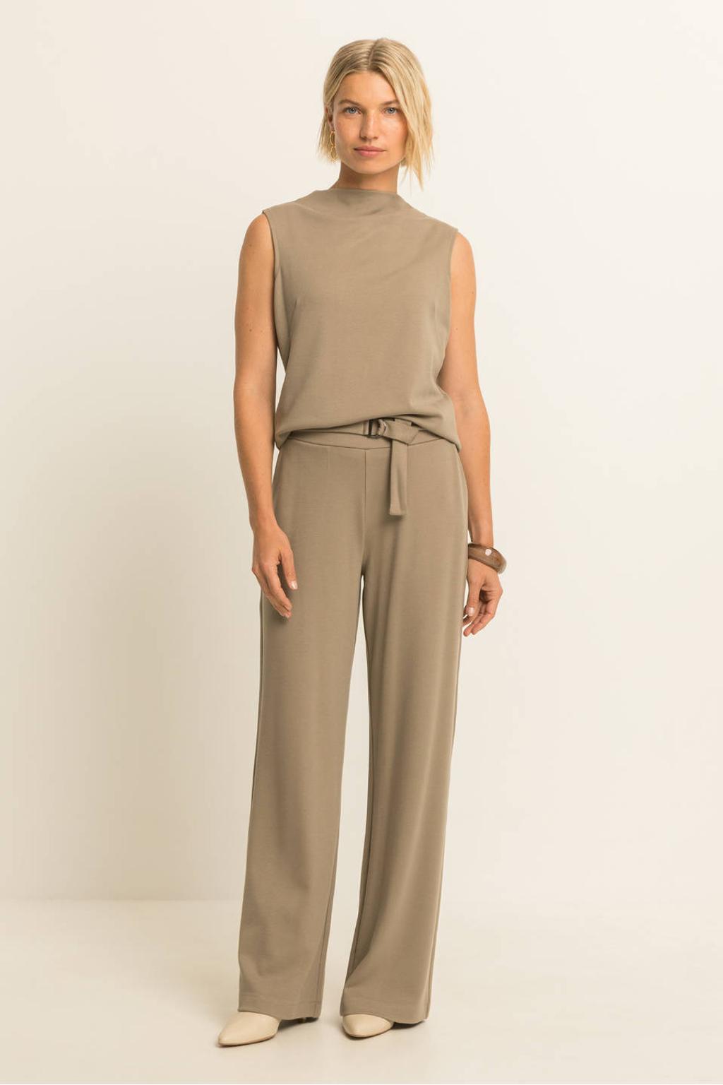 Taupe dames Expresso top van viscose met effen en watervalhals