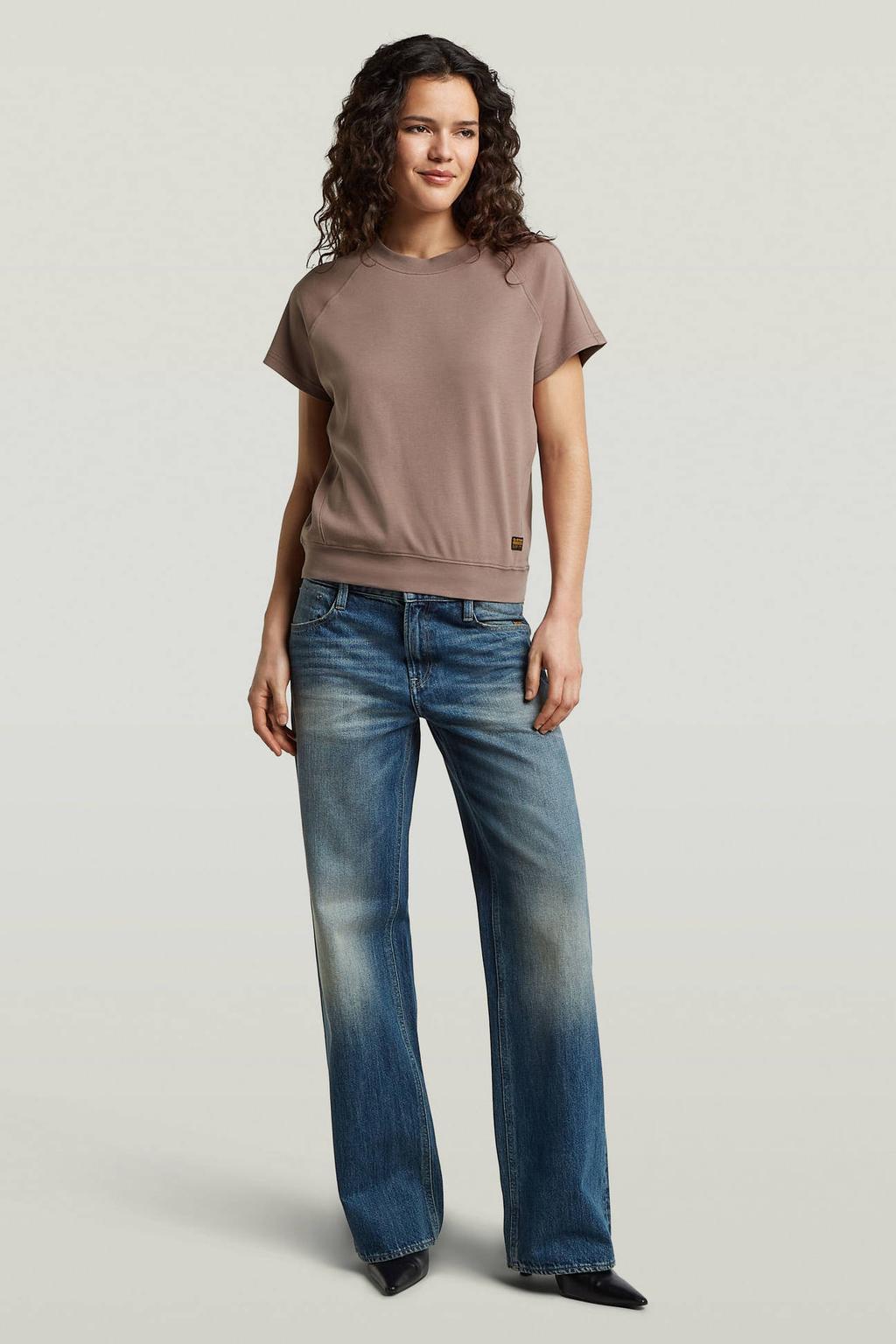 Taupe dames G-STAR raglan top met effen, korte mouwen, ronde hals en elastische boord
