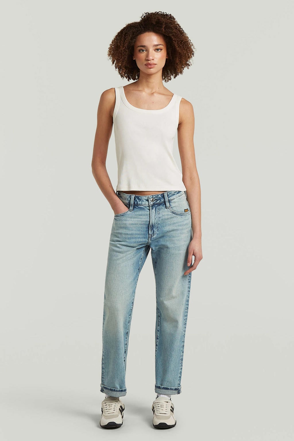 Light blue denim dames G-STAR straight leg jeans van denim met rits- en knoopsluiting en effen