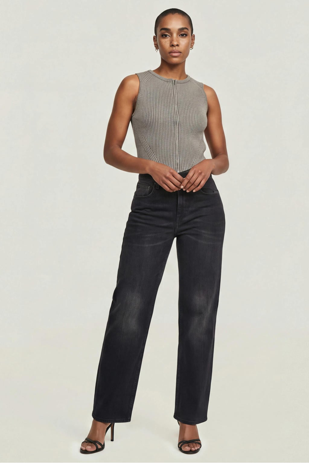 Grey denim dames straight leg jeans van denim met rits- en knoopsluiting en effen
