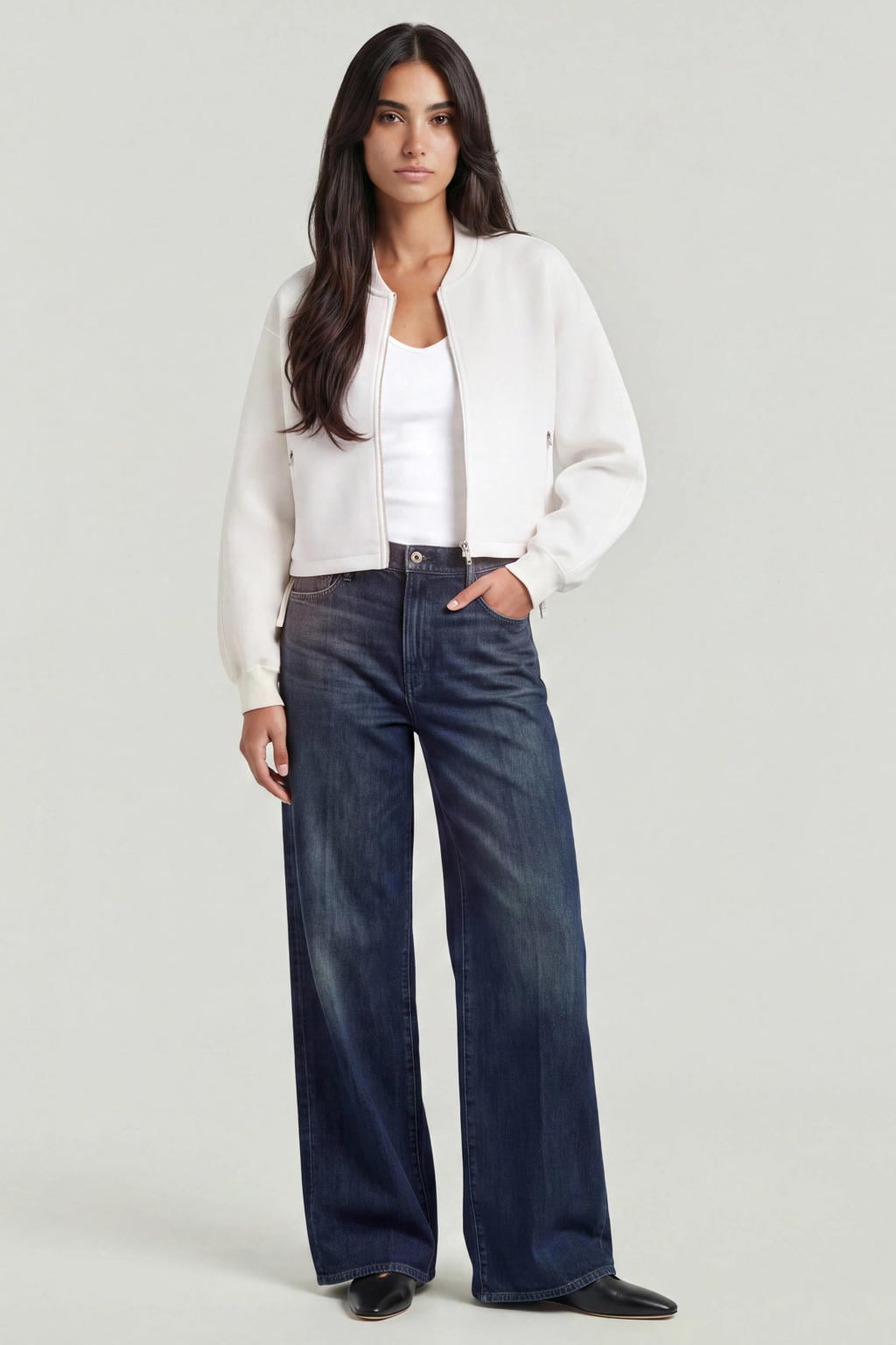 Dark blue denim dames G-STAR Deckk 2.0 wide leg jeans van denim met high waist, rits- en knoopsluiting en effen