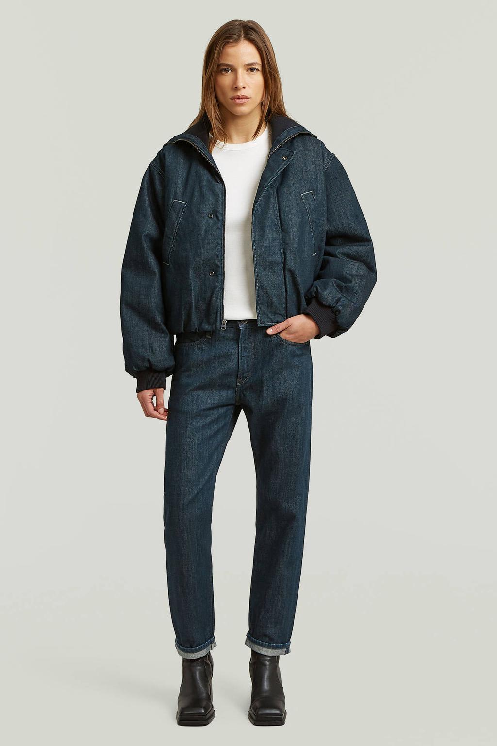 Dark blue denim dames G-STAR regular waist straight leg jeans van denim met rits- en knoopsluiting en effen