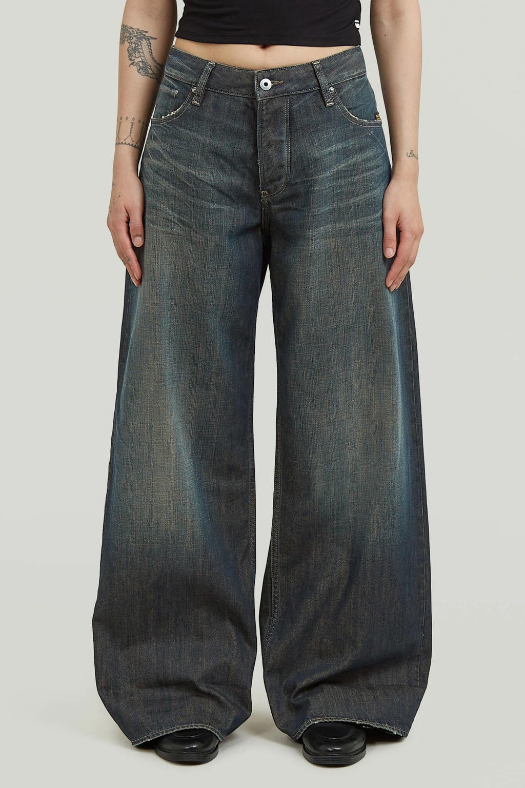 Dark blue denim dames G-STAR wide leg jeans van katoen met knoopsluiting en effen