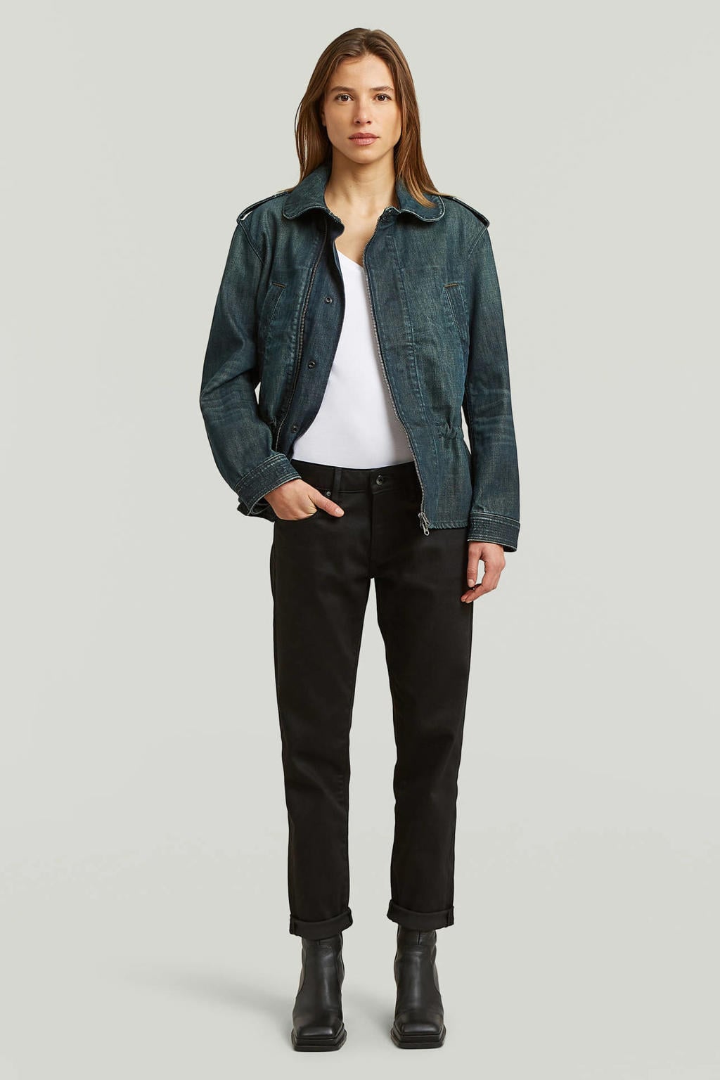 Zwarte dames G-STAR Kate low waist boyfriend jeans met rits- en drukknoopsluiting en effen