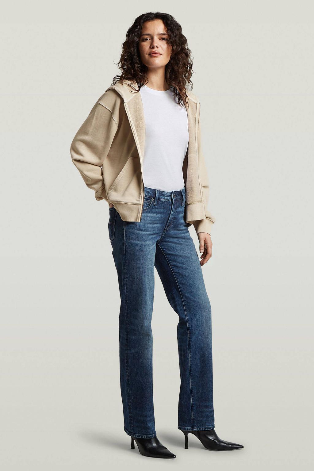 Dark blue denim dames G-STAR straight leg jeans van denim met rits- en drukknoopsluiting en effen