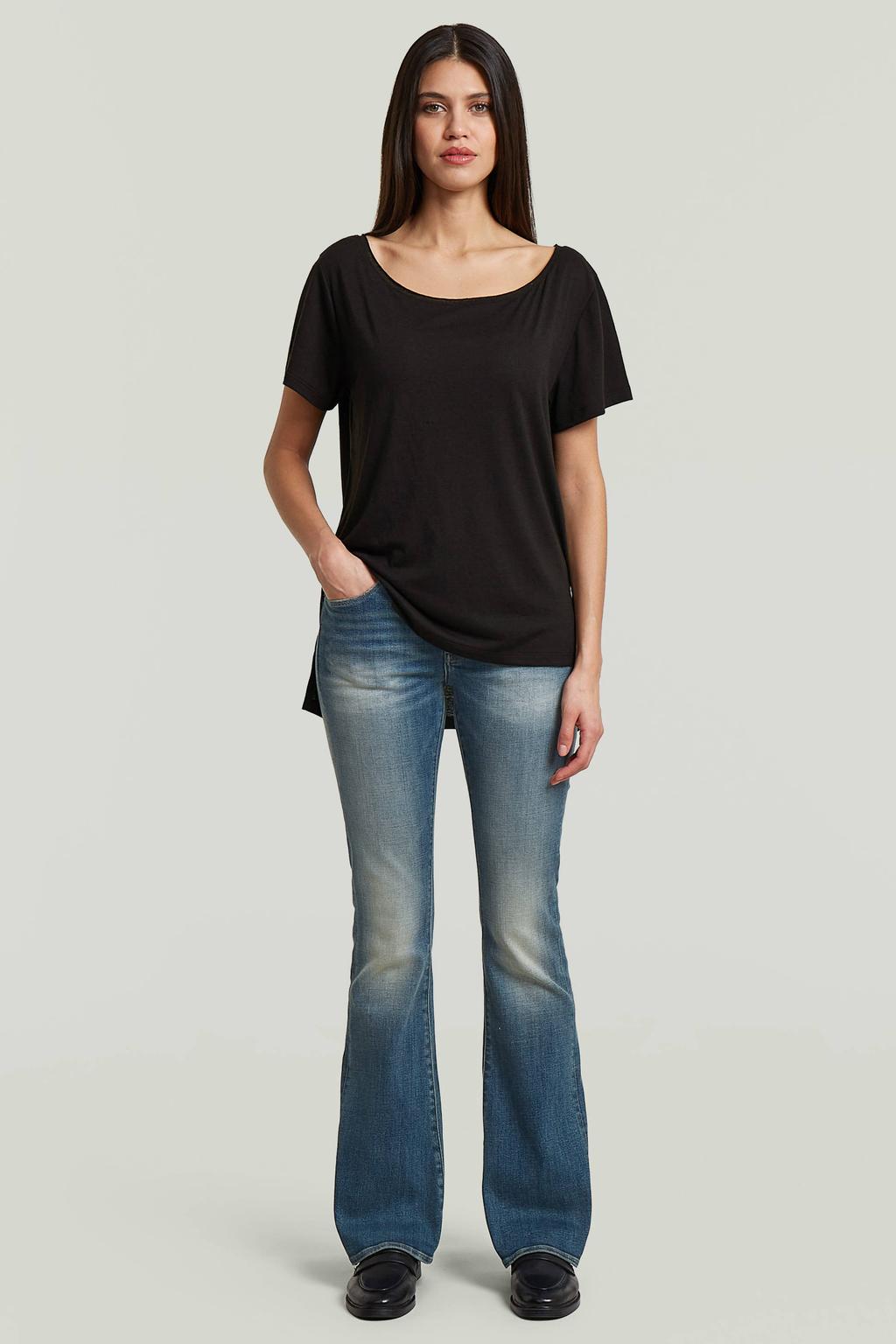 Medium blue denim dames G-STAR regular fit flared jeans mediumblauw van katoen met rits- en drukknoopsluiting en effen