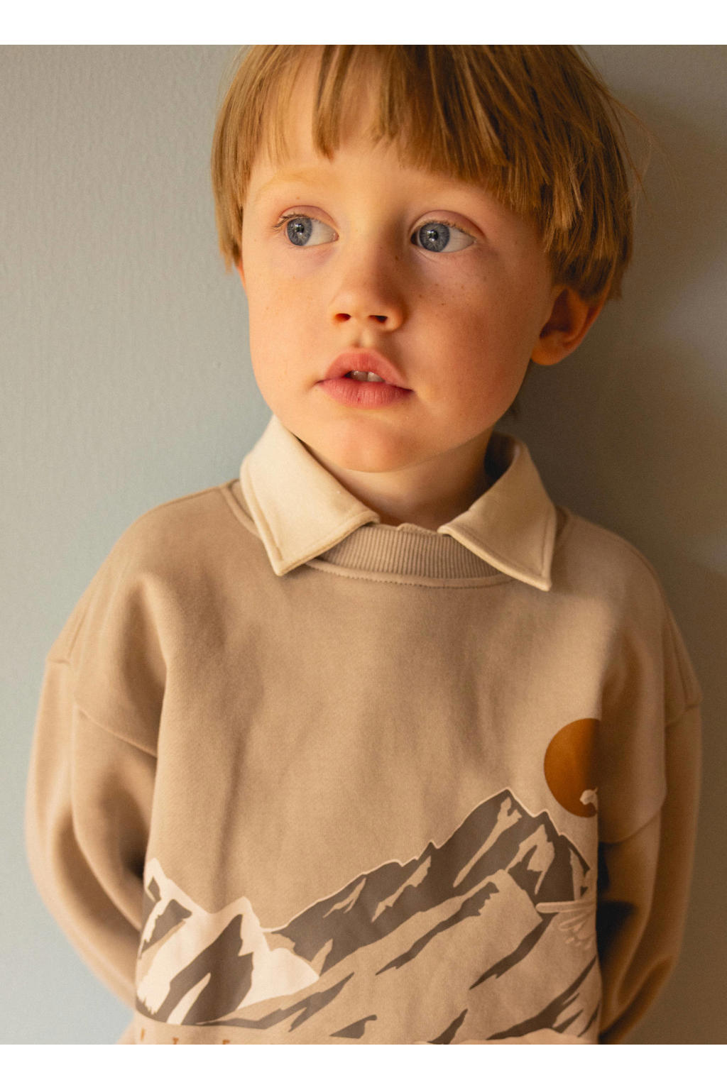Beige jongens Wheat sweater met printopdruk, lange mouwen, ronde hals en geribde boorden