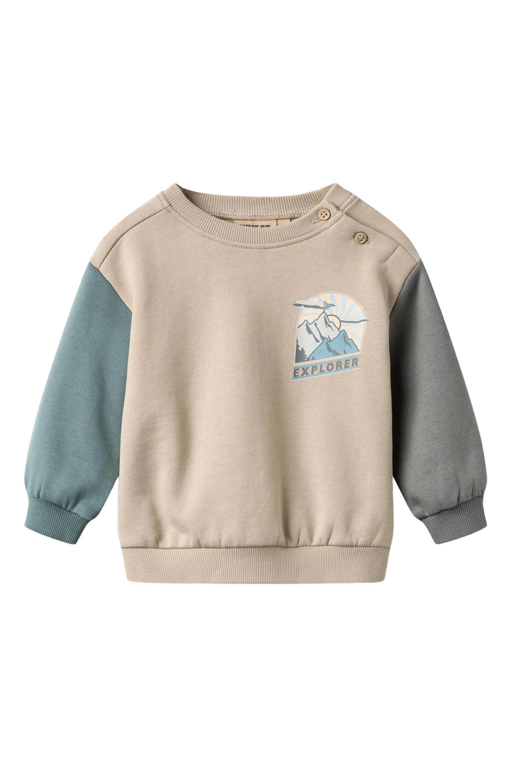 Beige en blauwe jongens Wheat sweater greige met lange mouwen, ronde hals, knoopsluiting en geribde boorden
