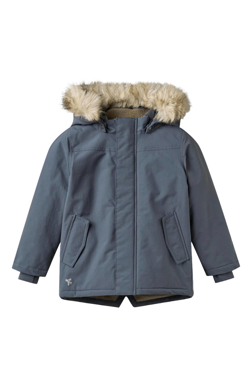 Grijsblauwe jongens Wheat winterparka blauw van nylon met effen, lange mouwen, capuchon, rits- en drukknoopsluiting en imitatiebontkraag