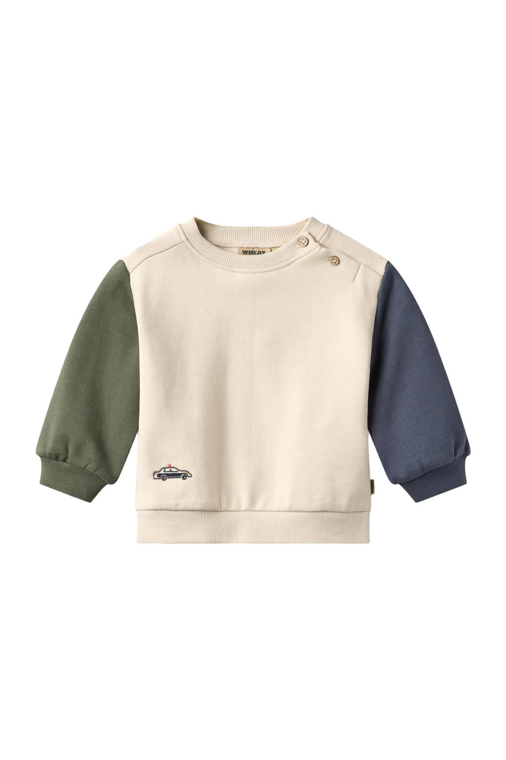 Ecru, blauw en groene jongens Wheat rechtvallende sweater van katoen met meerkleurige print, lange mouwen, ronde hals en knoopsluiting