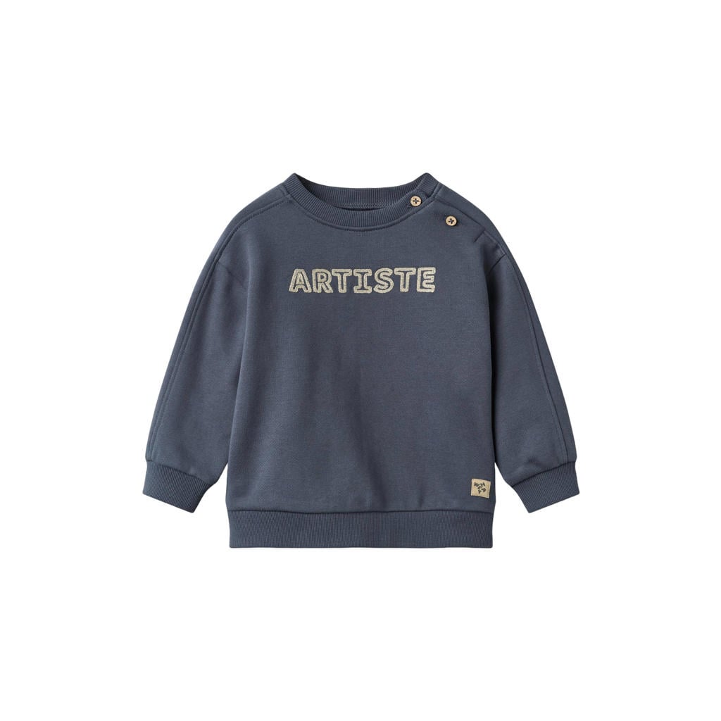 Blauwe jongens Wheat rechtvallende sweater van katoen met tekst print, lange mouwen, ronde hals, knoopsluiting en borduursels