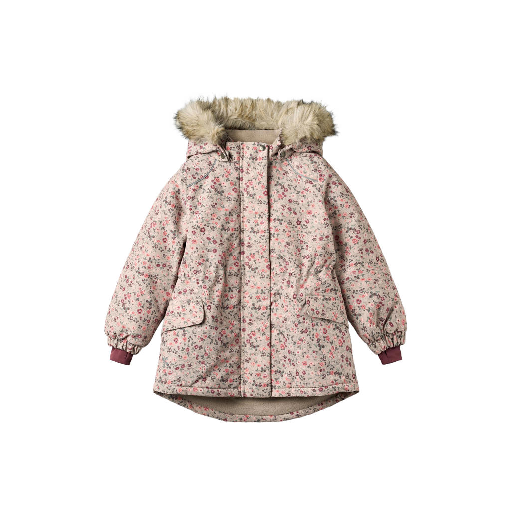 Wheat gebloemde winterparka met imitatiebontkraag - roze