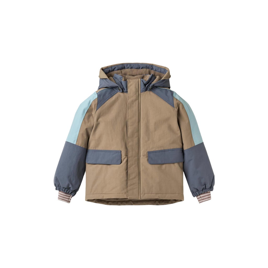 Bruin, blauw en lichtblauwe jongens Wheat winterjas van nylon met meerkleurige print, lange mouwen, capuchon en rits- en drukknoopsluiting