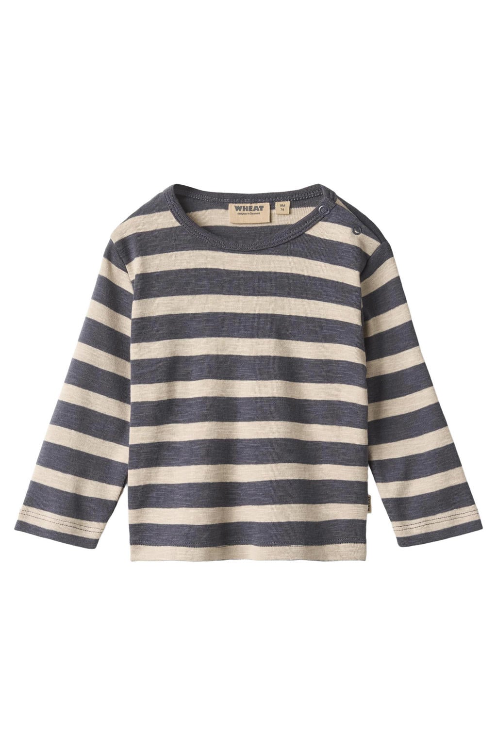 Grijs en ecru jongens Wheat rechtvallende gestreepte longsleeve van katoen met lange mouwen, ronde hals en drukknoopsluiting