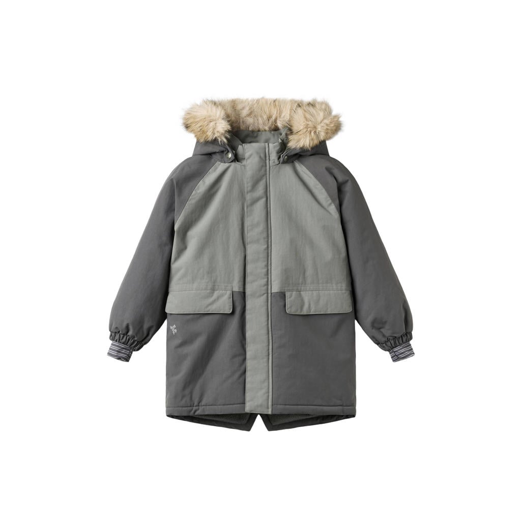 Grijs en lichtgrijze jongens Wheat winterparka van nylon met meerkleurige print, lange mouwen, capuchon, rits- en drukknoopsluiting en imitatiebontkraag