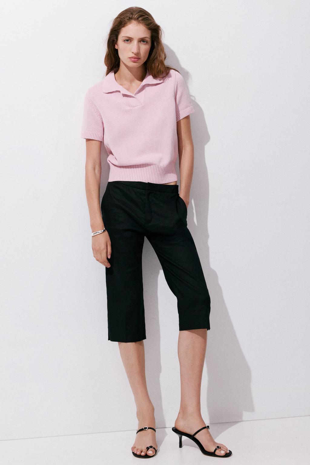 Lichtroze dames Mango gebreide trui van polyester met effen, lange mouwen en polo kraag
