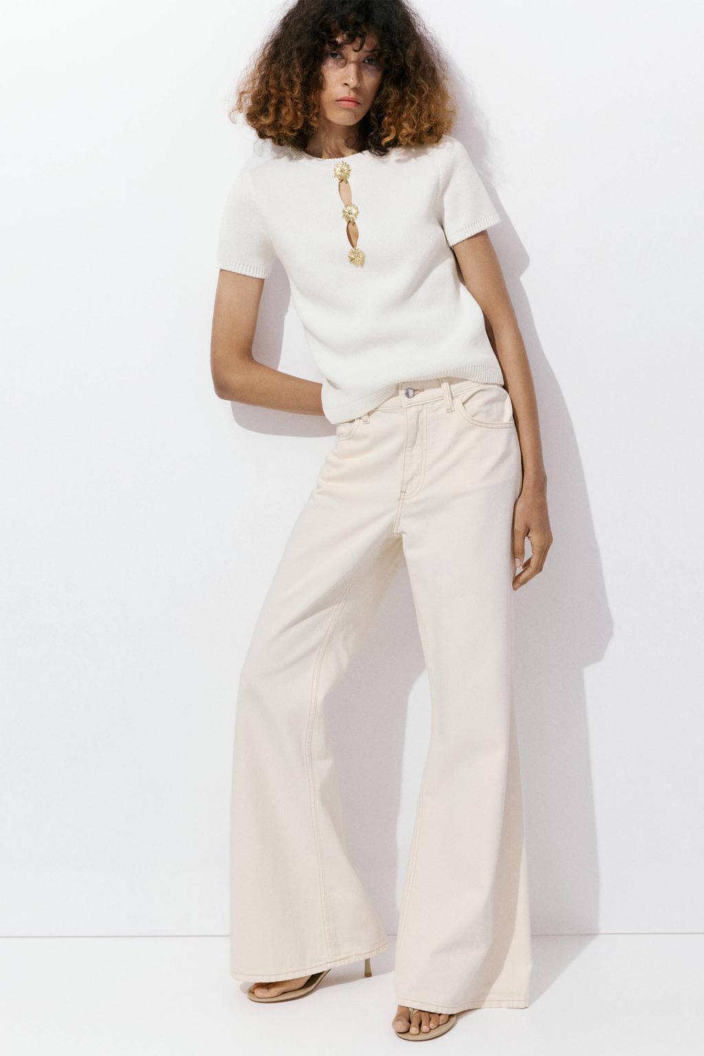 Witte dames Mango top van polyester met effen, korte mouwen en ronde hals
