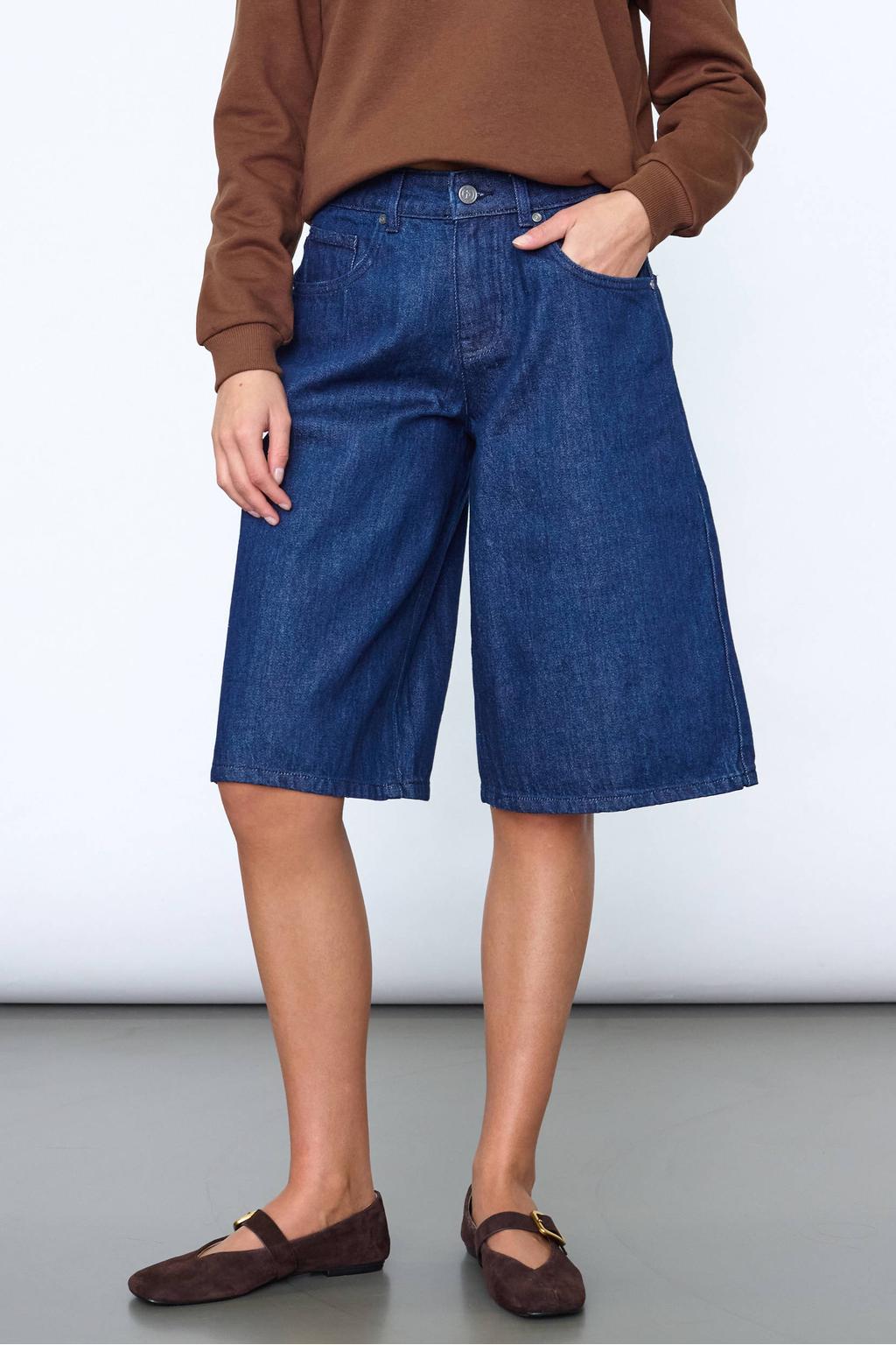 Dark blue denim dames SisterS Point wide leg jort van denim met rits- en knoopsluiting en effen