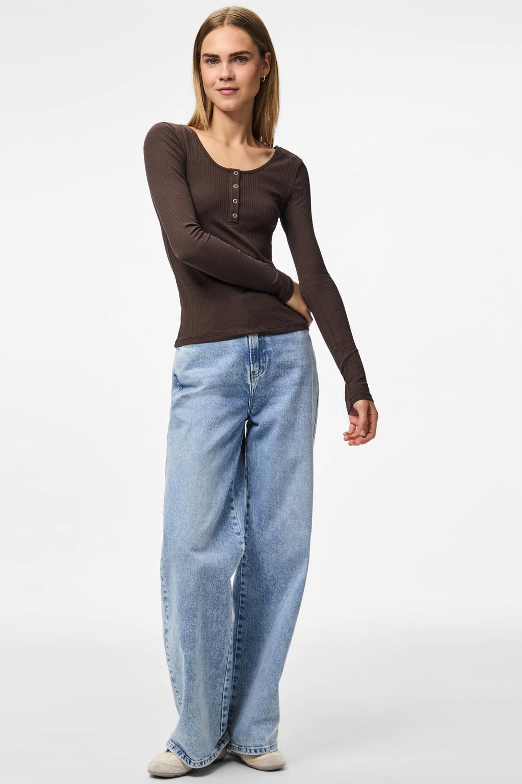 Donkerblauwe dames PIECES aansluitende longsleeve van katoen met effen, lange mouwen, boothals en knoopdetail