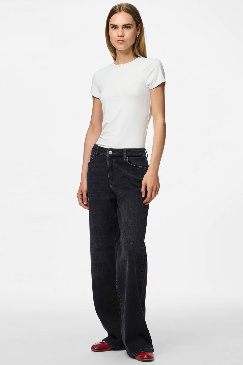 Black denim dames PIECES Pcsilke Mw Wide Jeans Bl Noos Bc jeans van denim met regular waist en effen
