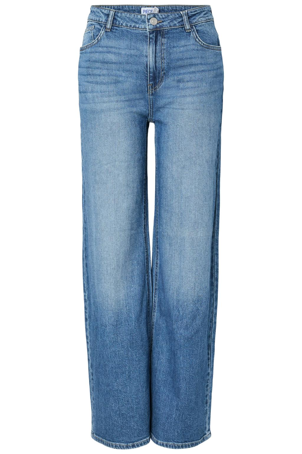 Medium blue denim dames PIECES Pcsilke Mw Wide Jeans Mb Noos wide leg jeans van denim met high waist en effen