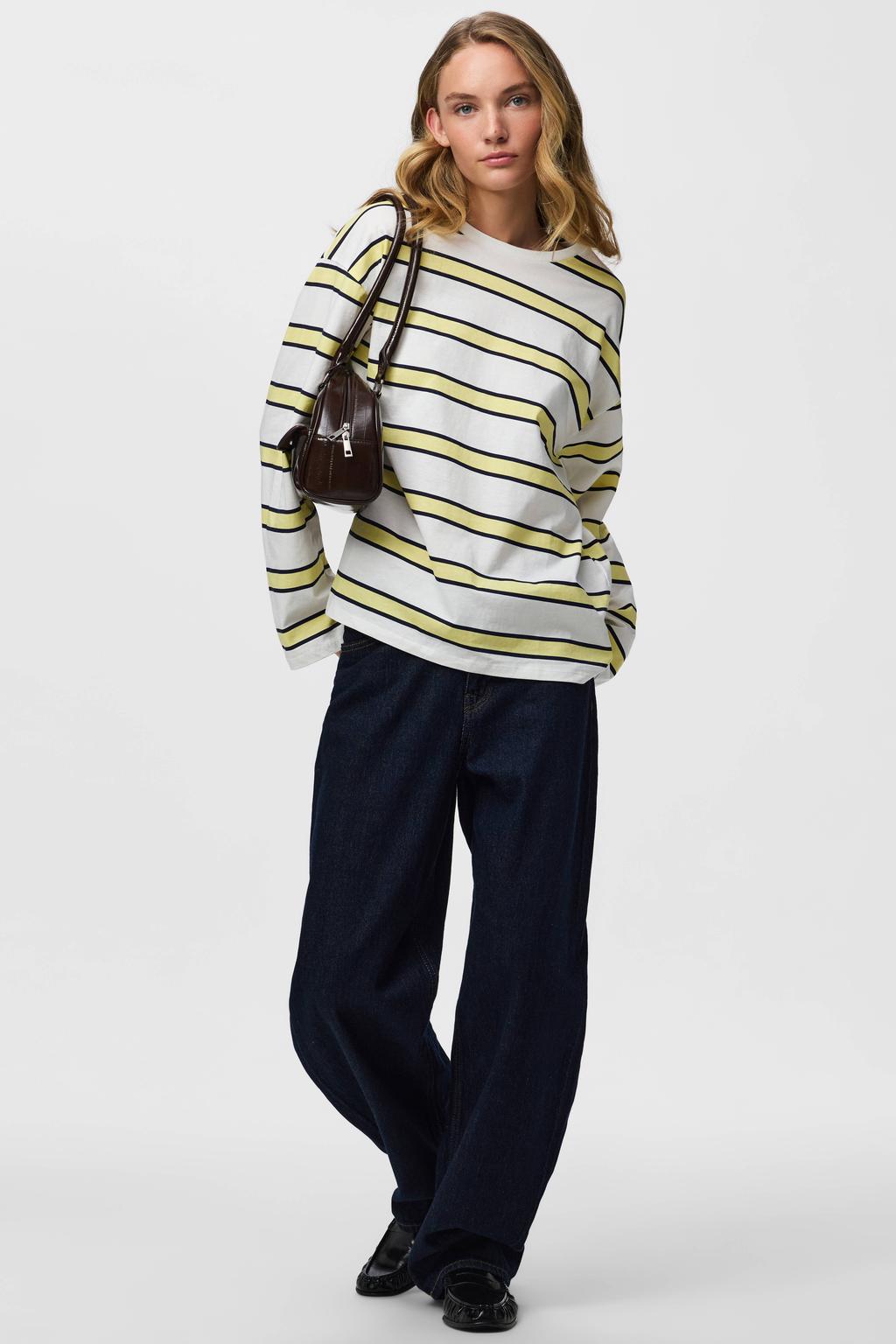 Lichtgeel en donkerblauwe dames PIECES oversized gestreepte top met lange mouwen en ronde hals