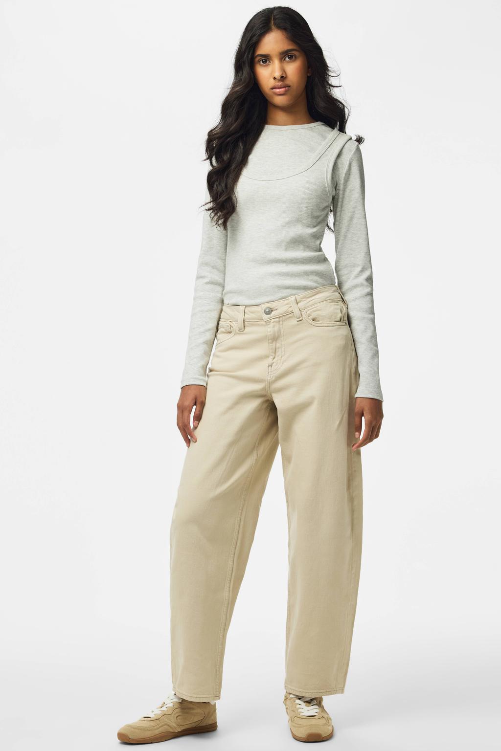 Beige dames PIECES barrel jeans van denim met regular waist, rits- en knoopsluiting en effen