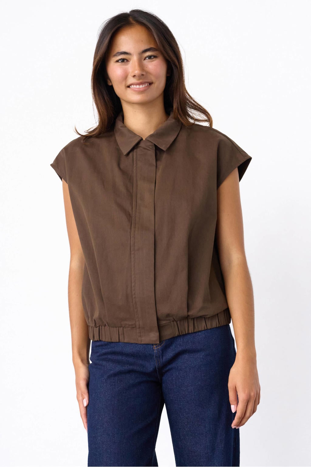 Bruine dames SisterS Point bodywarmer van katoen met effen, klassieke kraag en ritssluiting