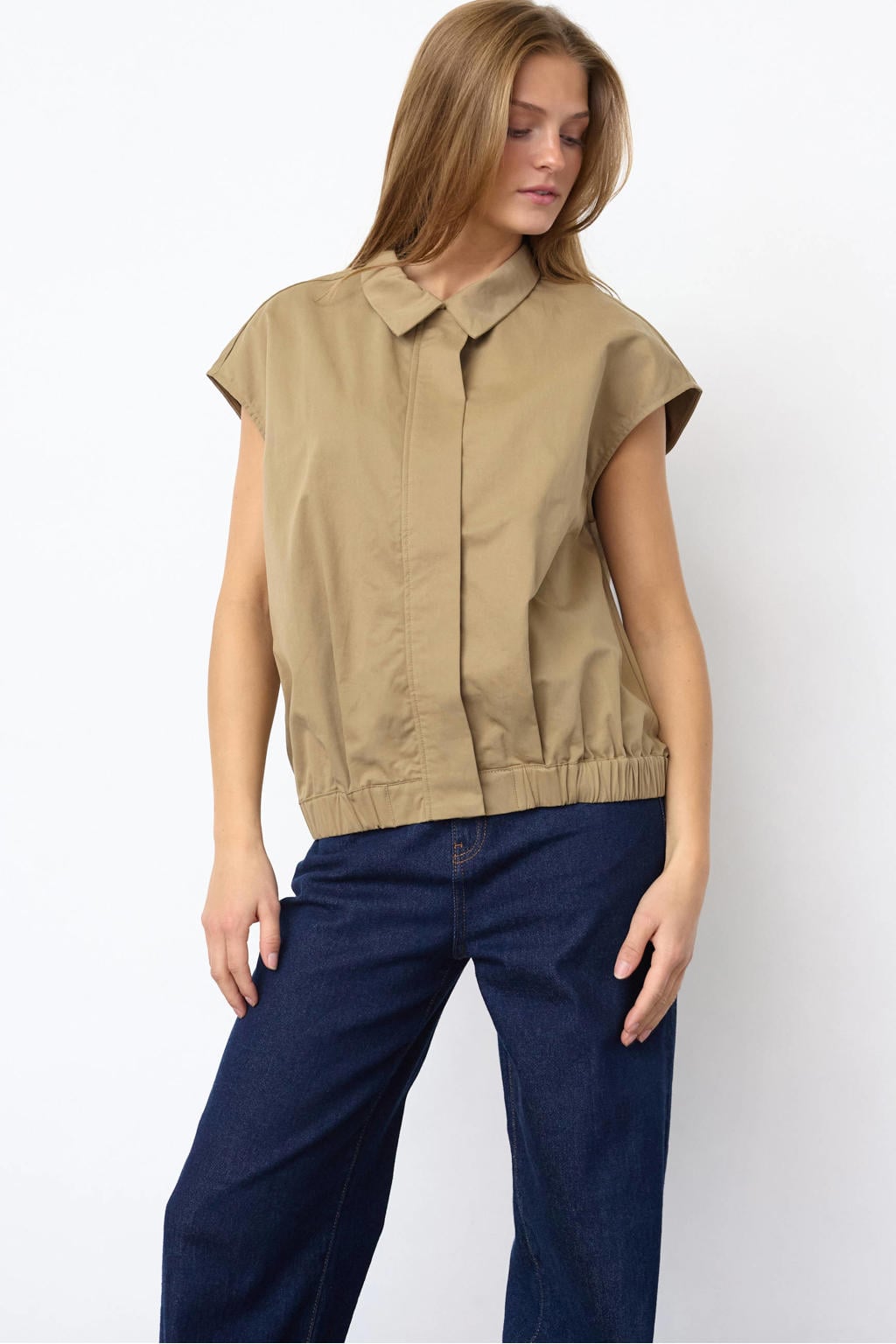 Zandkleurige dames SisterS Point bodywarmer van katoen met effen, klassieke kraag en ritssluiting