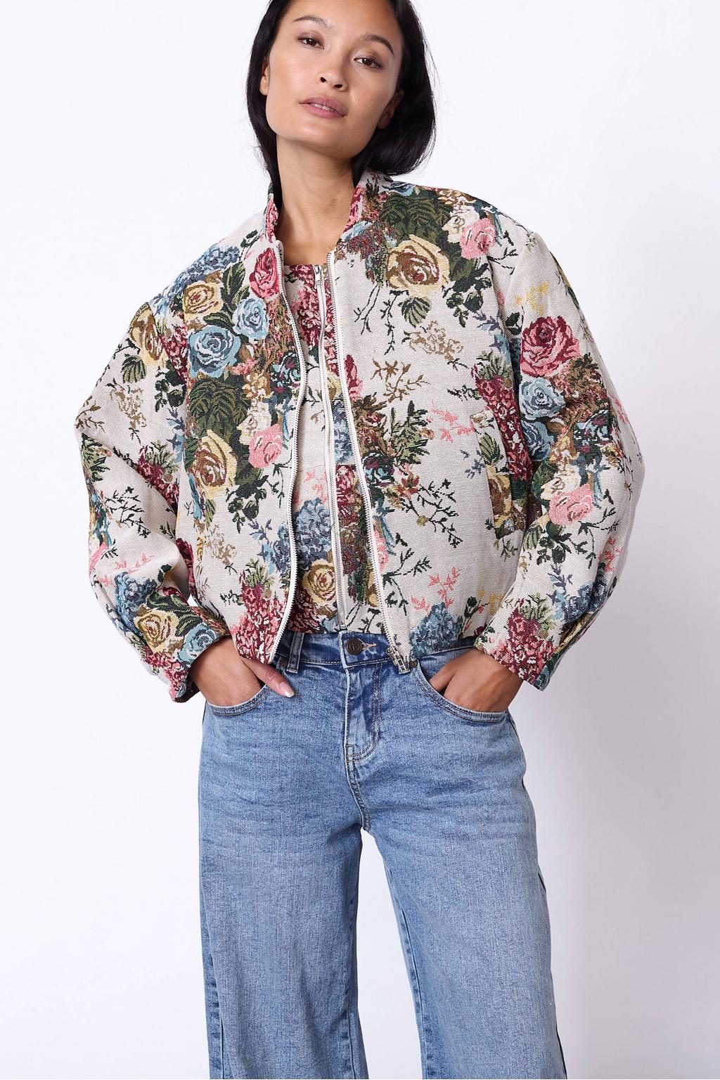 Beige en multikleurige dames SisterS Point gebloemde jacquard bomberjack van polyester met lange mouwen, ronde hals en ritssluiting
