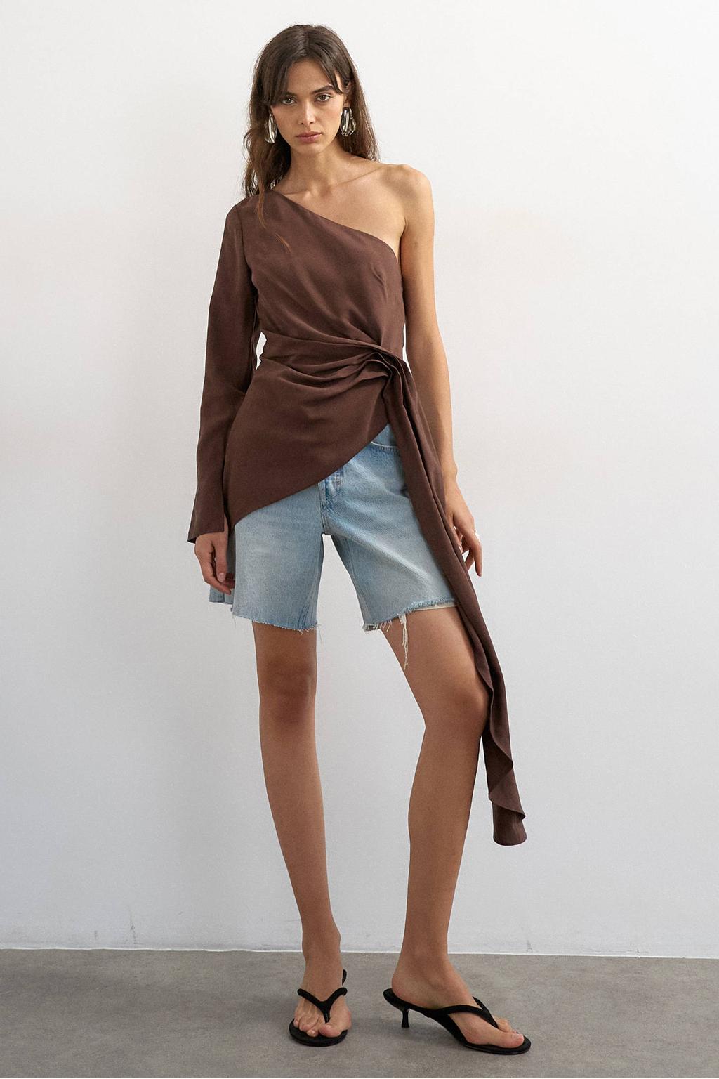 Bruine dames TOPSHOP top van modal met effen, lange mouwen en one shoulder