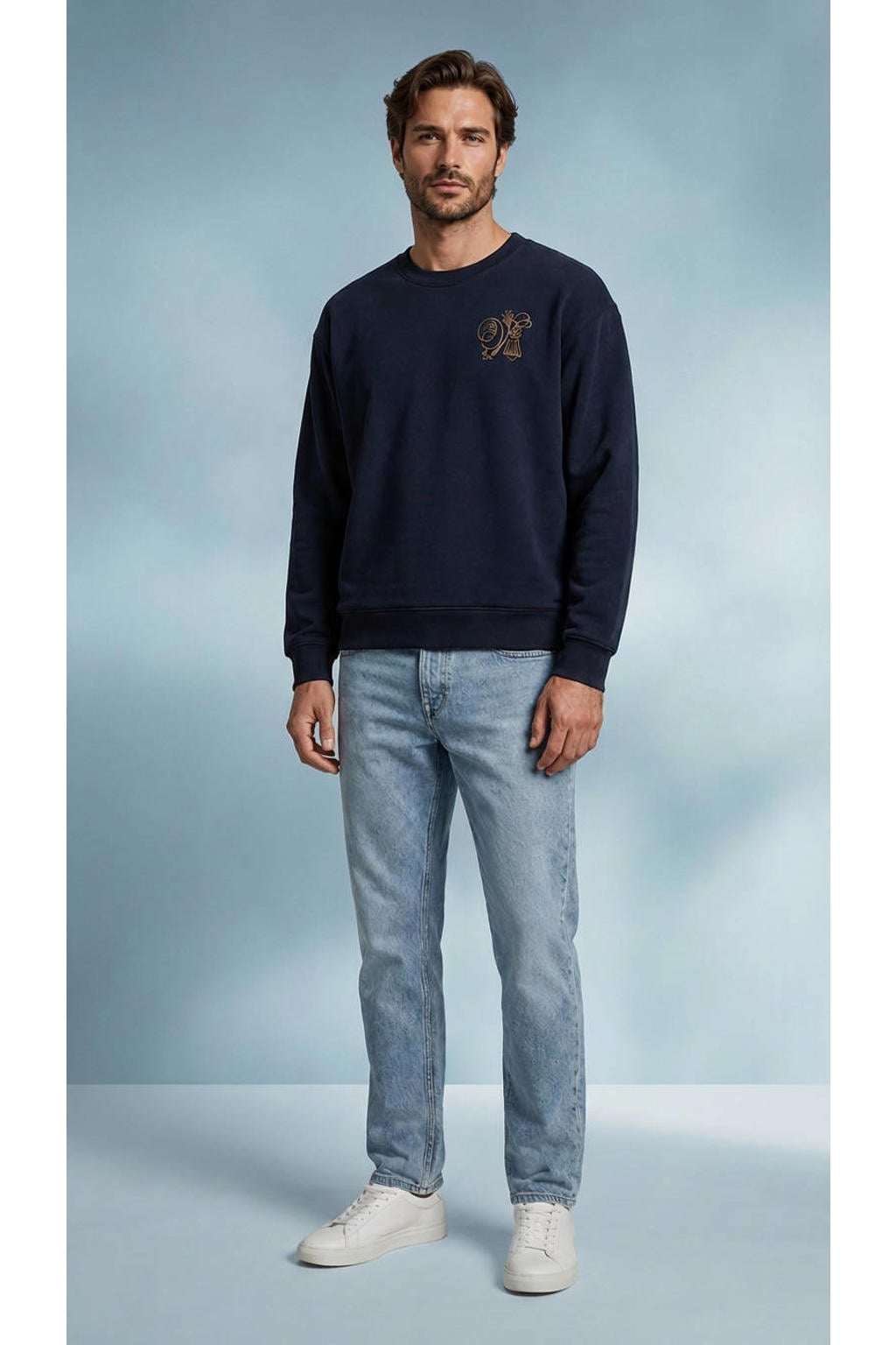 Vänner boxy sweater met borduursels en backprint - donkerblauw