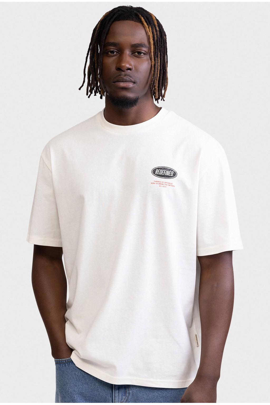 Ecru heren Redefined Rebel boxy T-shirt van katoen met backprint, korte mouwen en ronde hals
