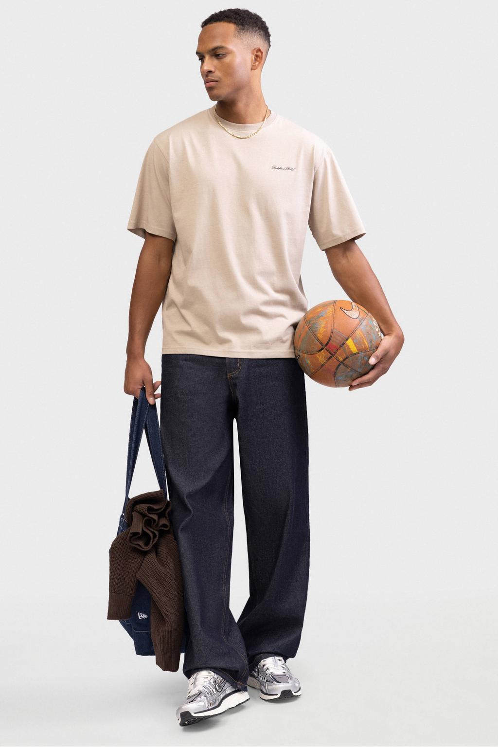 Beige heren Redefined Rebel boxy T-shirt van katoen met effen, korte mouwen en ronde hals