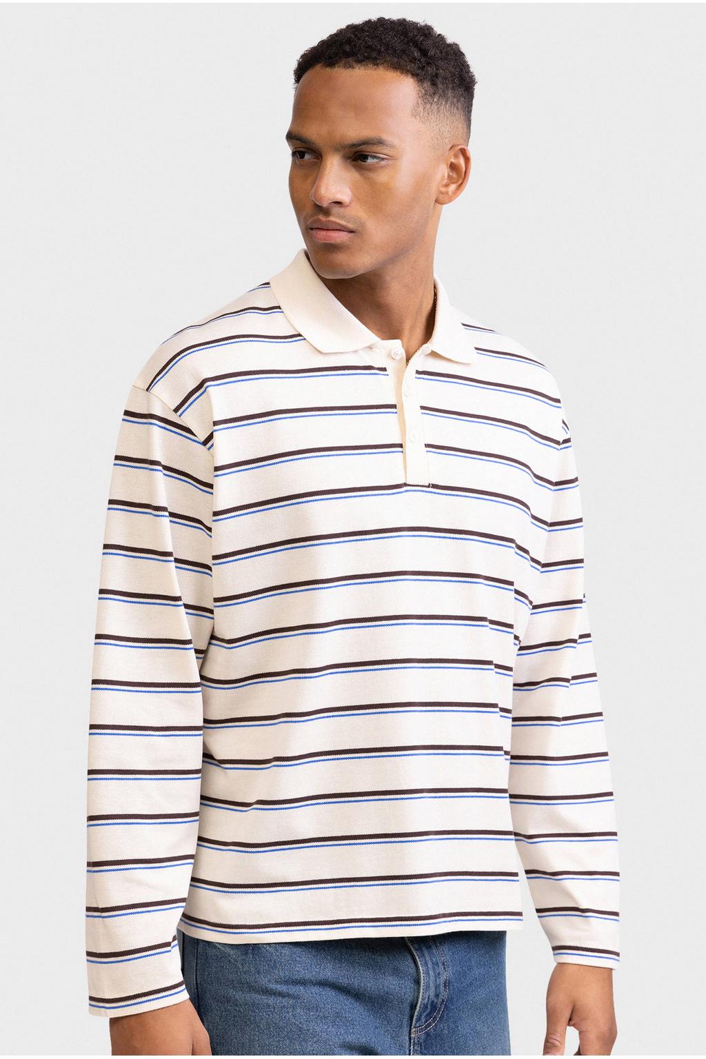 Ecru heren Redefined Rebel boxy gestreepte polo van katoen met lange mouwen en knoopsluiting