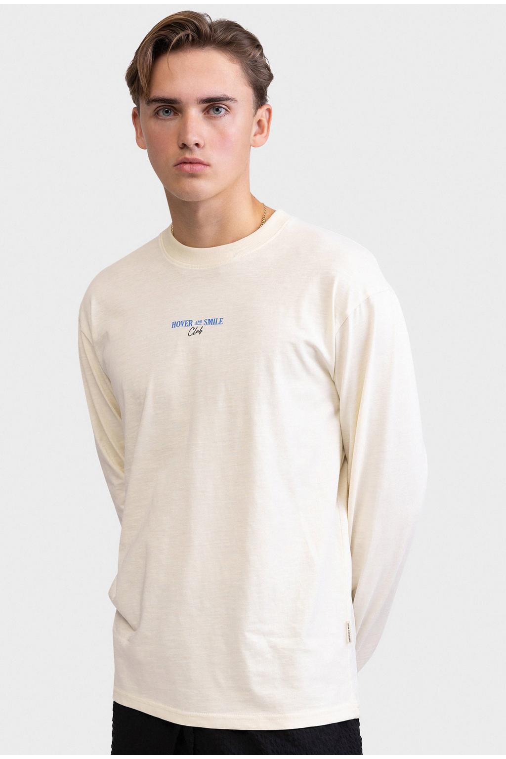 Ecru heren Redefined Rebel boxy T-shirt van katoen met backprint, lange mouwen en ronde hals