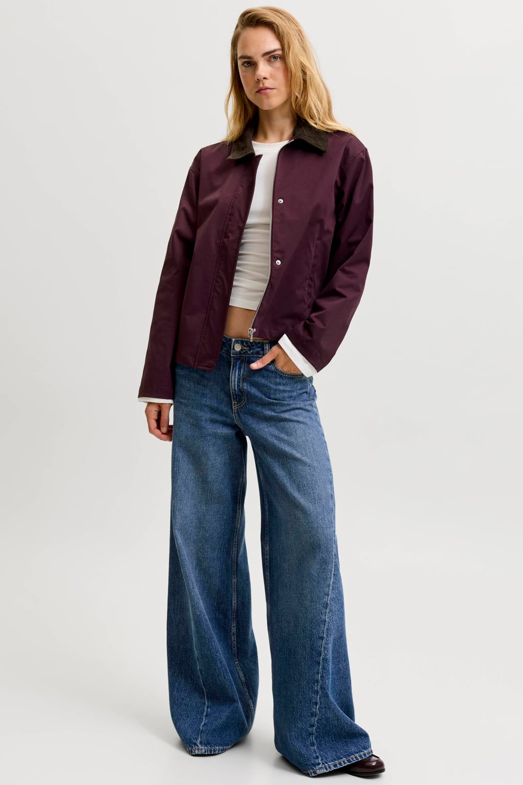 Donkerrode dames JJXX jas van polyester met meerkleurige print, lange mouwen en gebreide details