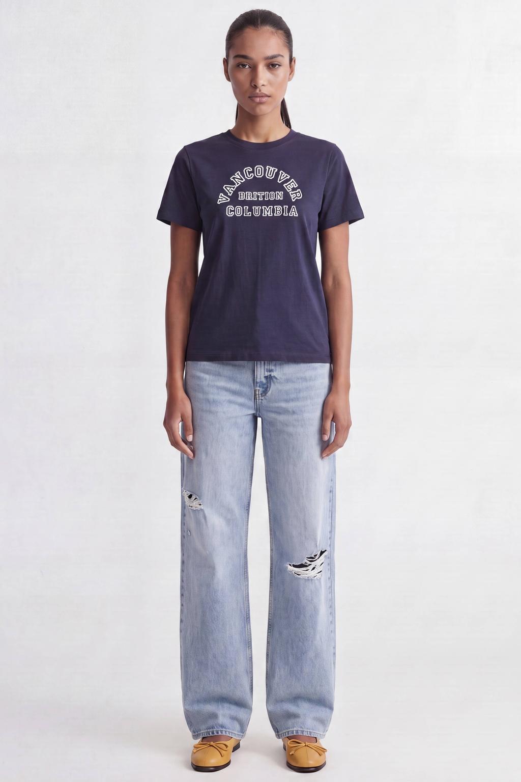 Marineblauw dames JJXX rechtvallend T-shirt blauw van katoen met printopdruk, korte mouwen en ronde hals