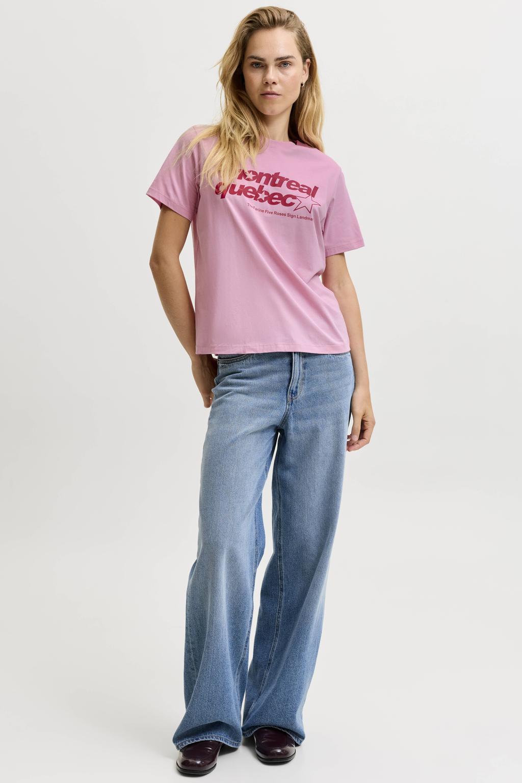 Roze en rode dames JJXX rechtvallend T-shirt van katoen met printopdruk, korte mouwen en ronde hals