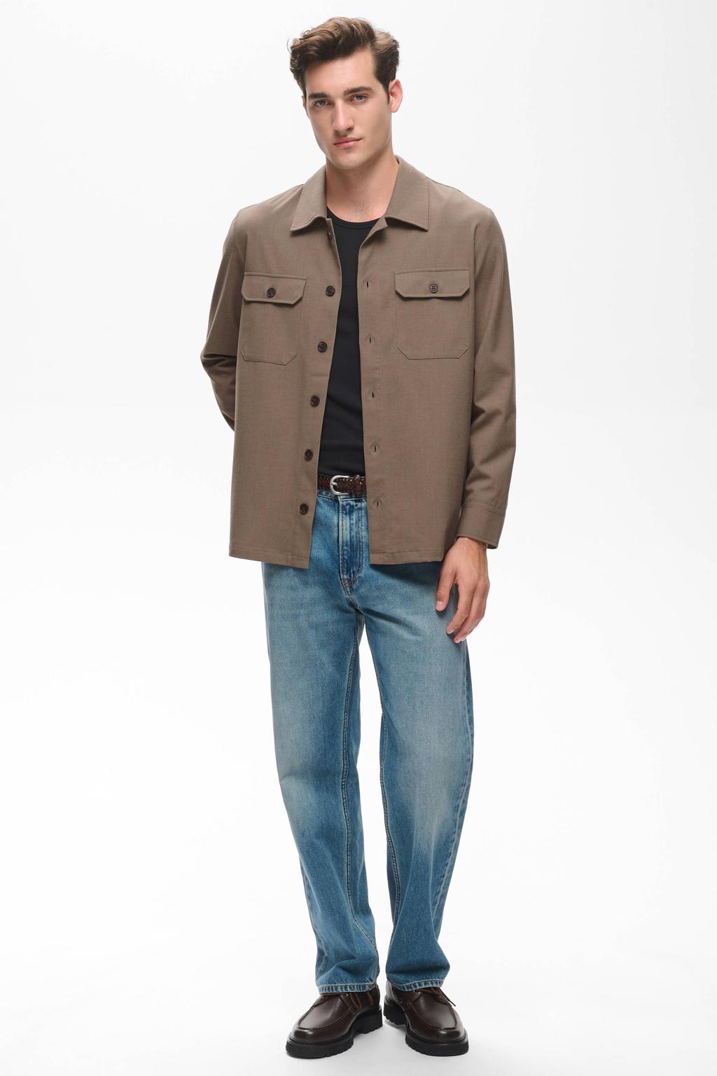 Bruine heren Matinique regular fit overshirt van polyester met effen, lange mouwen en klassieke kraag