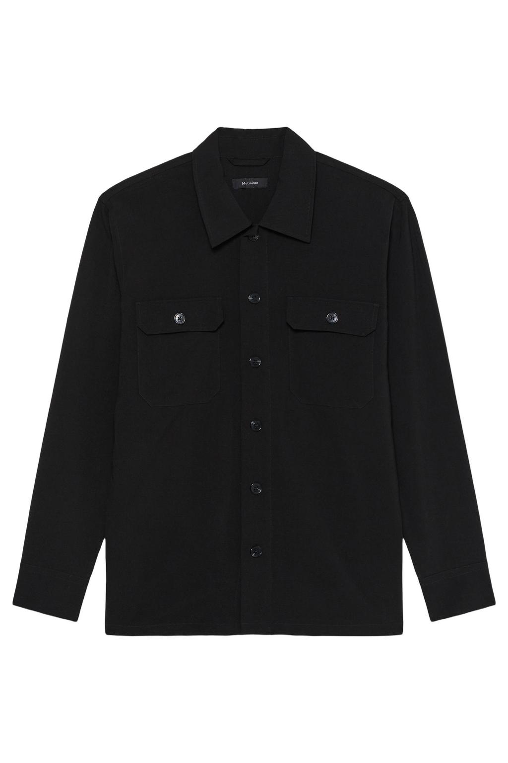 Zwarte heren Matinique regular fit overshirt van polyester met effen, lange mouwen en klassieke kraag